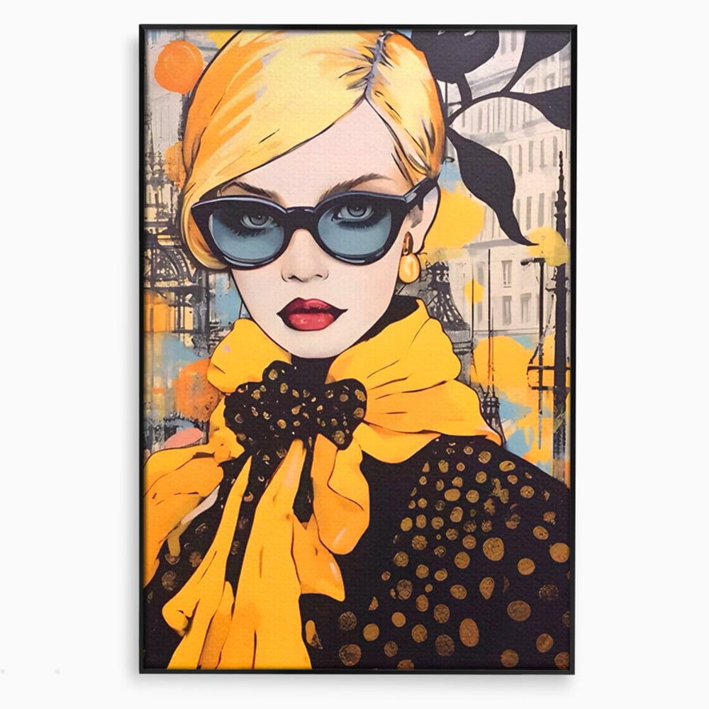 Tablou canvas cu tablou canvas cu portret de femeie blonda, in rama de aluminiu negru